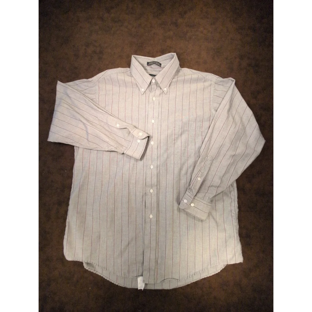 Kuppenheimer Mens Striped Button Down Shirt Grey Burgundy Long Sleeve 16.5 32/33